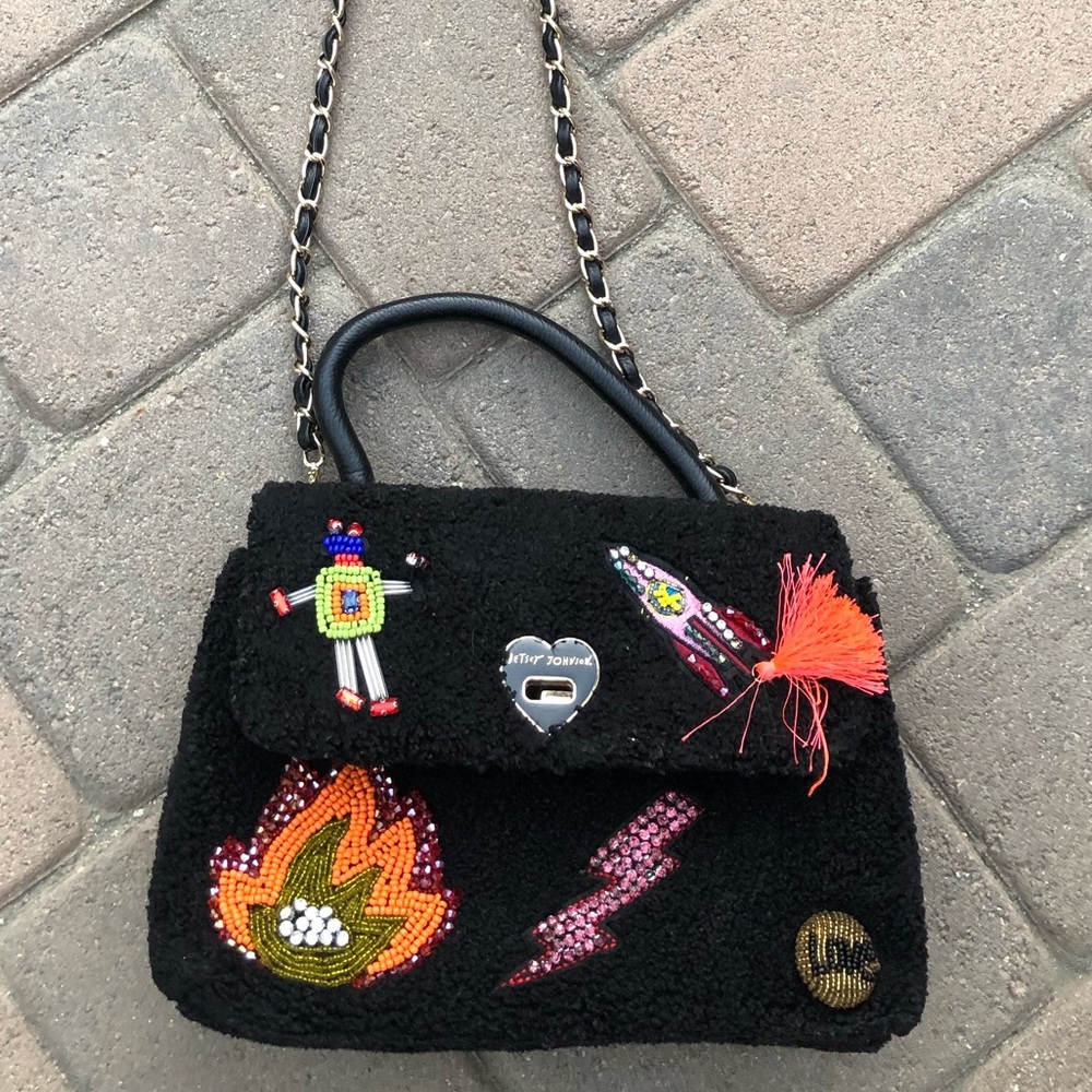 Betsey Johnson- black curly fur soft beaded rhinestone flame robot love purse